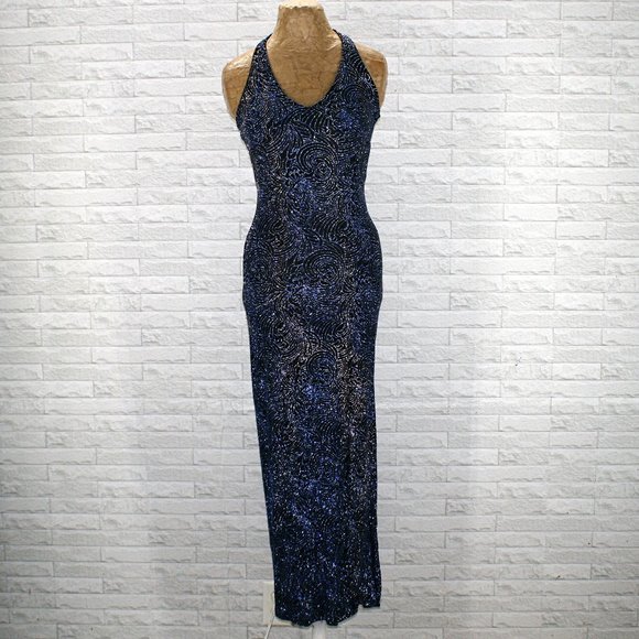 Taboo Dresses & Skirts - TABOO Gown Halter Bodycon Sexy Blue Glitter Floral Floor Length Size Small